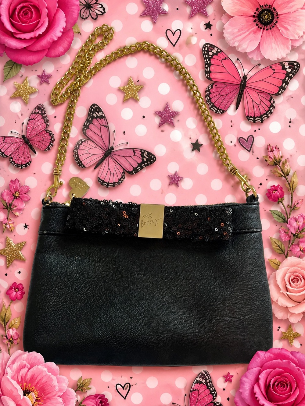 FREE Bundle Accent Piece w 2+ Items– Betsey Johnson Black Glitter Bow Bag Hearts